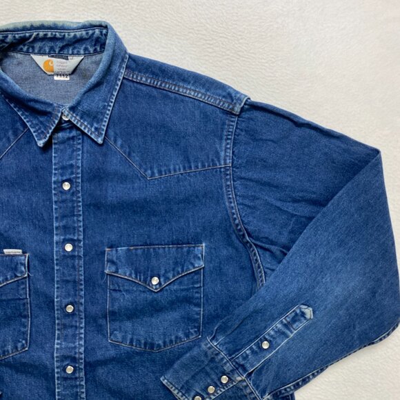 VINTAGE Carhartt Denim Shirt Mens 2XLT -3XLT Blue Pearl Snap Western Cowboy Work - Picture 2 of 12